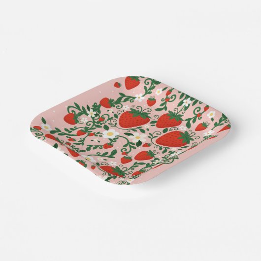 Roze & Rode Bloemwijnstokken Aardbei Party Sticker Papieren Bordje (Gebogen)