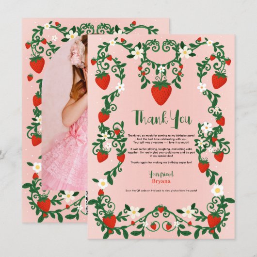 Roze & Rode Bloemwijnstokken Aardbei Schattige Dan Kaart (Voorkant / Achterkant)