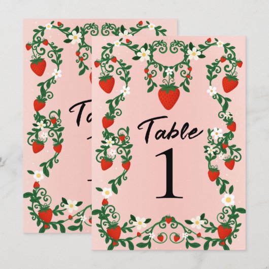 Roze & Rode Bloemwijnstokken Aardbeien Tafelnummer (Voorkant / Achterkant)