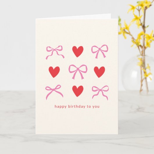 Roze Rode Coquette Bow Hart Aangepaste Verjaardag  Kaart (Gele Bloem)