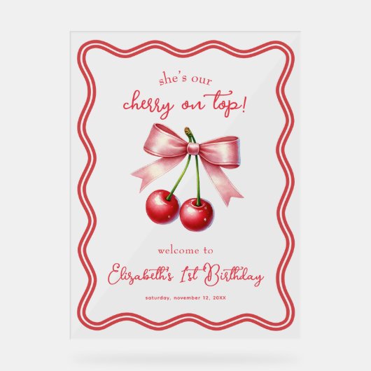 Roze Rode Coquette Cherry 1e Verjaardag Welkom Acryl Bord (Voorkant)