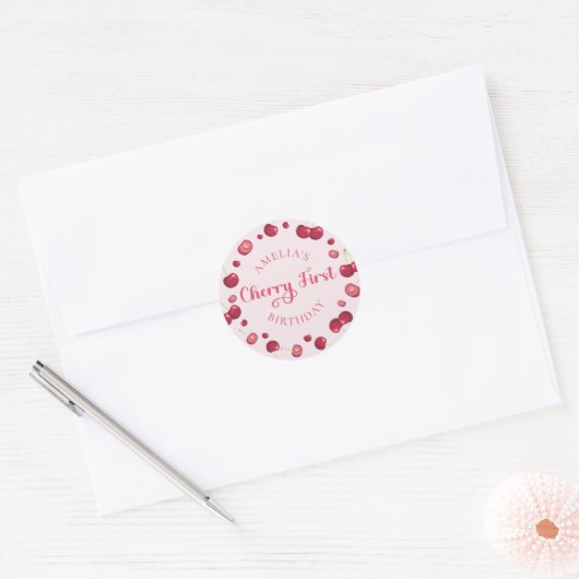 Roze Rode Coquette Cherry op Top Verjaardag Sticke Ronde Sticker (Envelop)