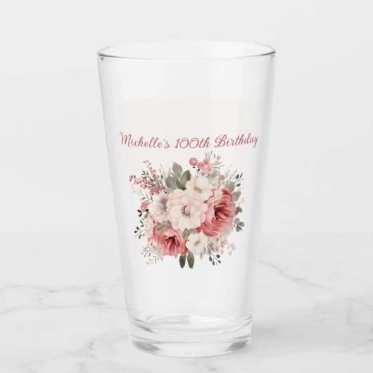 Roze Rode Crème Waterverf Floral 100e Verjaardag Glas (Voorkant)