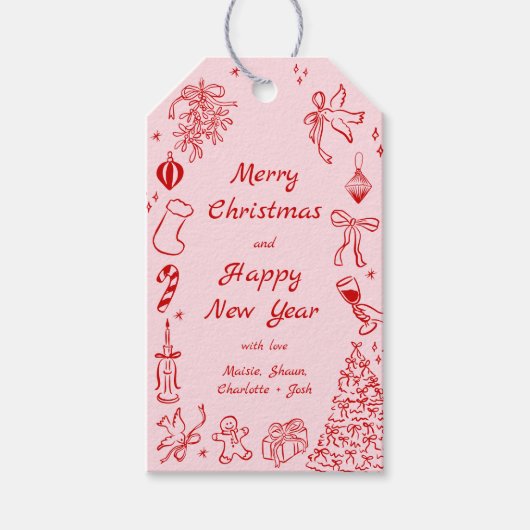 Roze Rode Doodle Kerstcadeau Label Eigenzinnige Va Cadeaulabel (Voorkant)