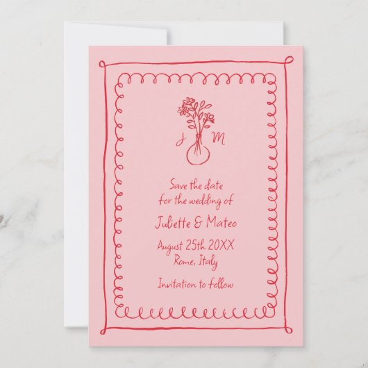 Roze-Rode Doodle Scribble Lijsten Bewaar de datum Save The Date (Voorkant)