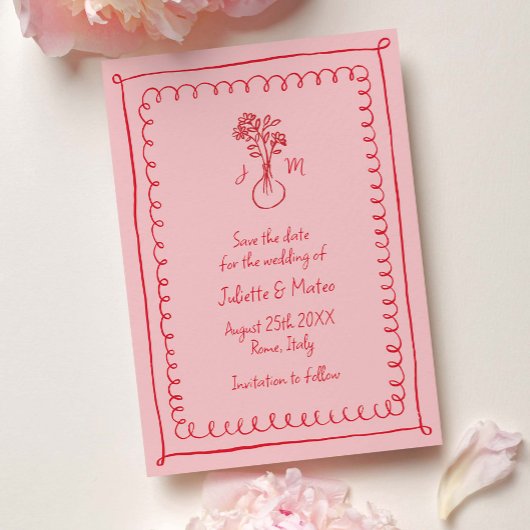Roze-Rode Doodle Scribble Lijsten Bewaar de datum Save The Date