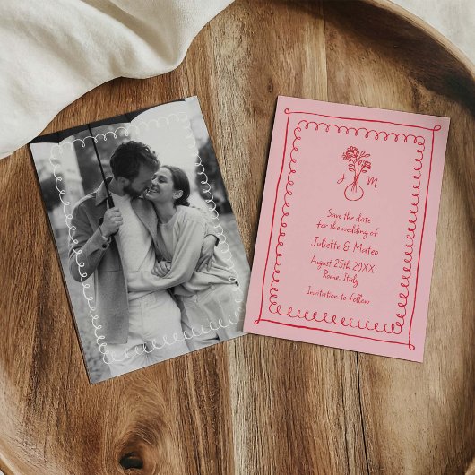 Roze-Rode Doodle Scribble Lijsten Bewaar de datum Save The Date