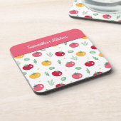 Roze rode en gele tomatenpatroonkeuken bier onderzetter (Linkerzijde)