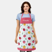 Roze rode en gele tomatenpatroonkeukenSchort Schort (Gedragen)