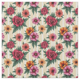 Roze rode en gouden bloemen op tan strepen stof