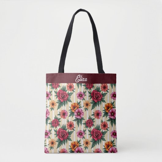 Roze rode en gouden bloemen op tan strepen tote bag (Voorkant)
