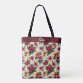 Roze rode en gouden bloemen op tan strepen tote bag (Achterkant)