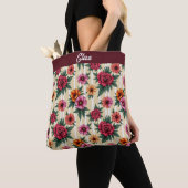 Roze rode en gouden bloemen op tan strepen tote bag (Dichtbij)