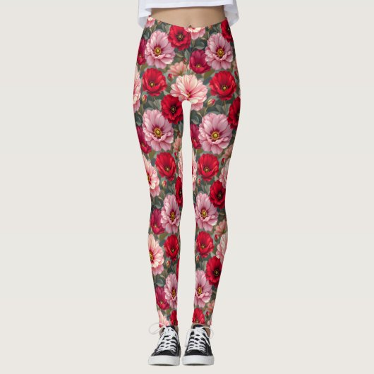 Roze, rode en mauve bloemen leggings (Voorkant)
