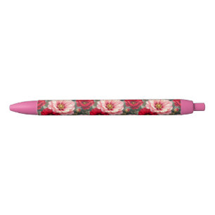 Roze, rode en mauve bloemen zwarte inkt pen