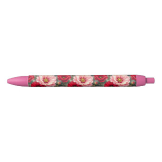 Roze, rode en mauve bloemen zwarte inkt pen