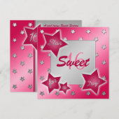 Roze, Rode en Zilveren Stars Sweet 16 Uitnodiging (Voorkant / Achterkant)