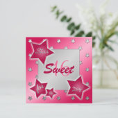 Roze, Rode en Zilveren Stars Sweet 16 Uitnodiging (Staand voorkant)
