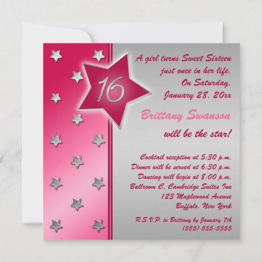 Roze, Rode en Zilveren Stars Sweet 16 Uitnodiging (Achterkant)