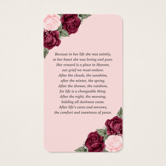  roze rode flora Funeral Prayer Kaart (Achterkant)
