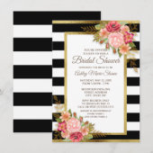 Roze rode Floral Black White Stripes Gold Bridal Kaart (Voorkant / Achterkant)