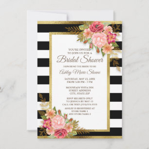 Roze rode Floral Black White Stripes Gold Bridal Kaart