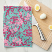Roze rode Floral op Blauwgroen handdoek (Quarter Fold)