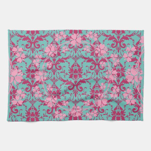 Roze rode Floral op Blauwgroen handdoek (Horizontaal)