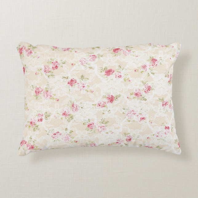 Roze Rode Floral Shabby Chic Rustic Accent Kussen (Voorkant)