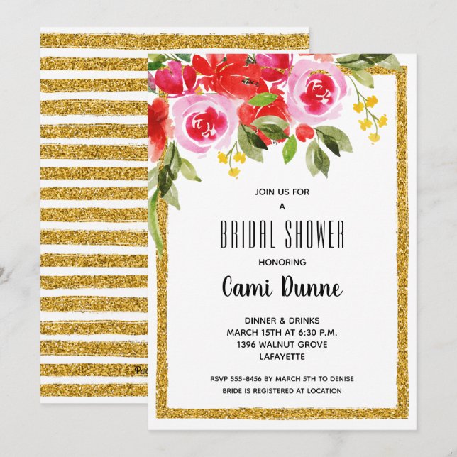 Roze rode Floral Vrijgezellenfeest Glitter Invites (Voorkant / Achterkant)