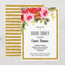 Roze rode Floral Vrijgezellenfeest Glitter Invites