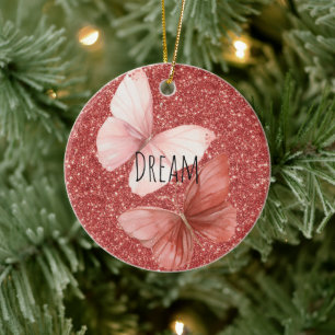 Roze Rode Glitter Vlinders Kerstmis Keramisch Ornament