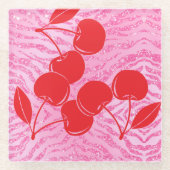 Roze Rode Glitter Zebra Kersen Glazen Onderzetter (Voorkant)