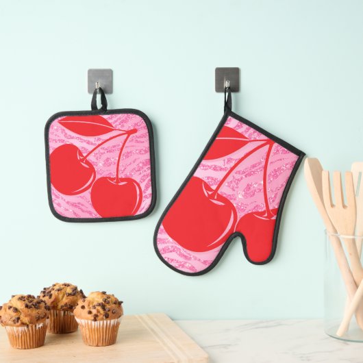 Roze Rode Glitter Zebra Kersen Ovenwant & Pannenlap Set (Insitu(Ophanging))