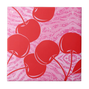 Roze Rode Glitter Zebra Kersen Tegeltje