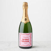Roze Rode Golfachtige Rand Bruidsdouche Sparkling Wijnetiket (Voorkant)