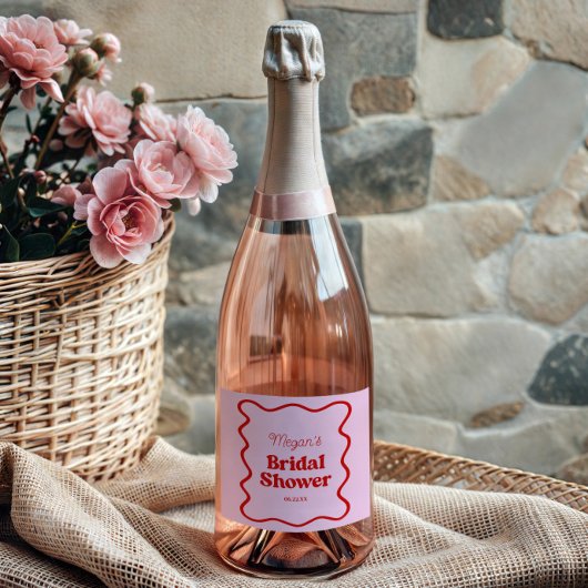 Roze Rode Golfachtige Rand Bruidsdouche Sparkling Wijnetiket