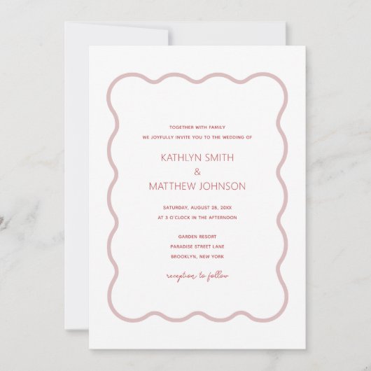 Roze Rode golvende rand moderne retro bruiloft Kaart (Voorkant)