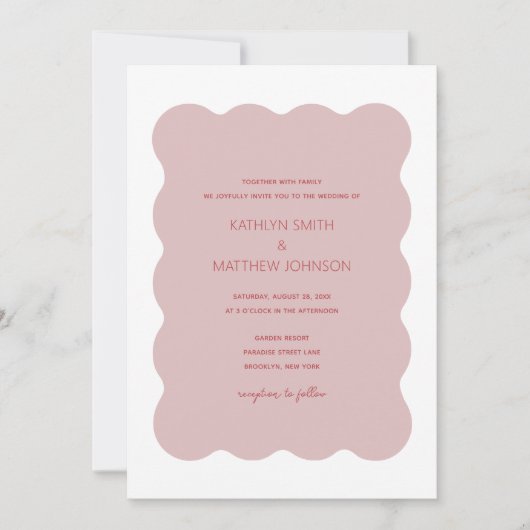 Roze Rode golvende rand moderne retro bruiloft Kaart (Voorkant)