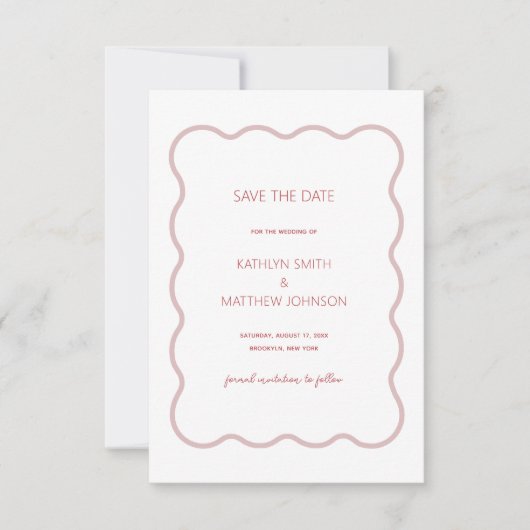 Roze Rode golvende rand moderne retro bruiloft Save The Date (Voorkant)