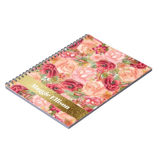 Roze rode gouden Rozen Aangepaste bloemen Notitieboek (Linkerzijde)