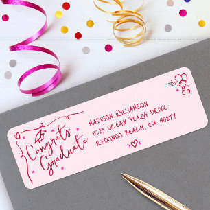 Roze Rode Hand Getekende Doodle Afstudeer Feesteli Etiket