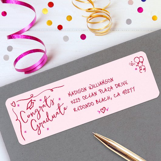 Roze Rode Hand Getekende Doodle Afstudeer Feesteli Etiket