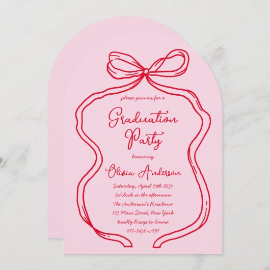 Roze Rode Hand Getrokken Boog & Script Afstudeerfe Kaart (Voorkant / Achterkant)