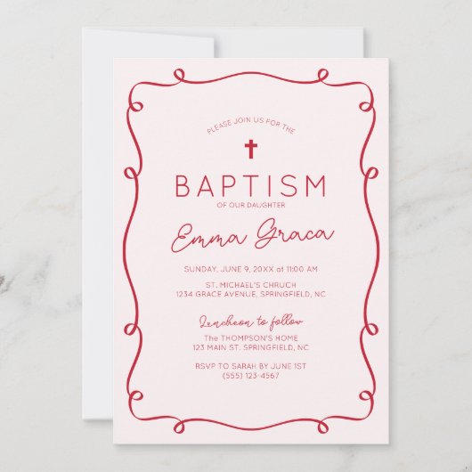 Roze & Rode Hand getrokken doop uitnodiging (Voorkant)