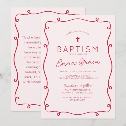 Roze & Rode Hand getrokken doop uitnodiging (Voorkant / Achterkant)
