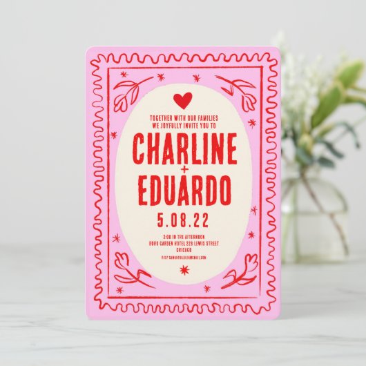 Roze Rode Hand getrokken golvende retro bruiloft Kaart (Staand voorkant)