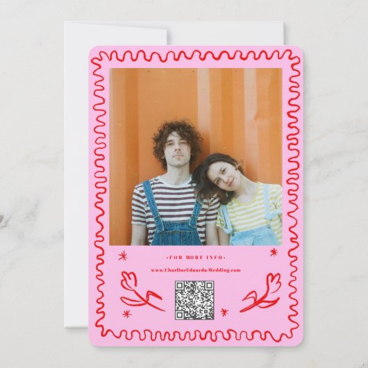 Roze Rode Hand getrokken golvende retro bruiloft Kaart (Achterkant)