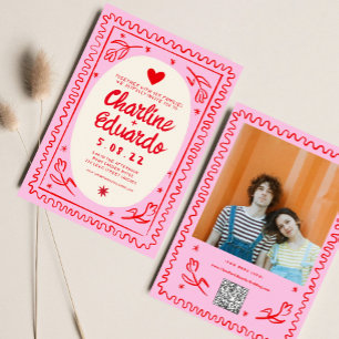 Roze Rode Hand getrokken golvende retro bruiloft Kaart