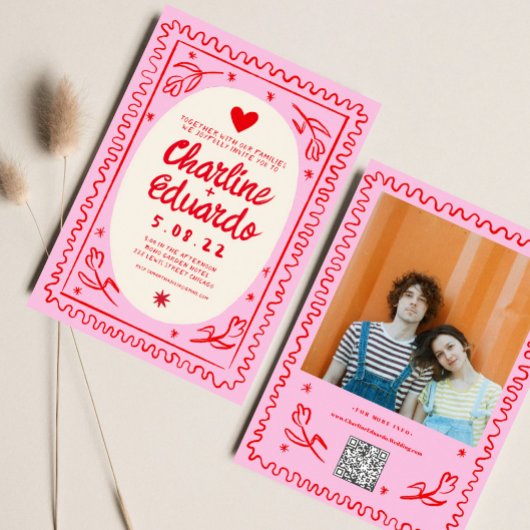 Roze Rode Hand getrokken golvende retro bruiloft Kaart